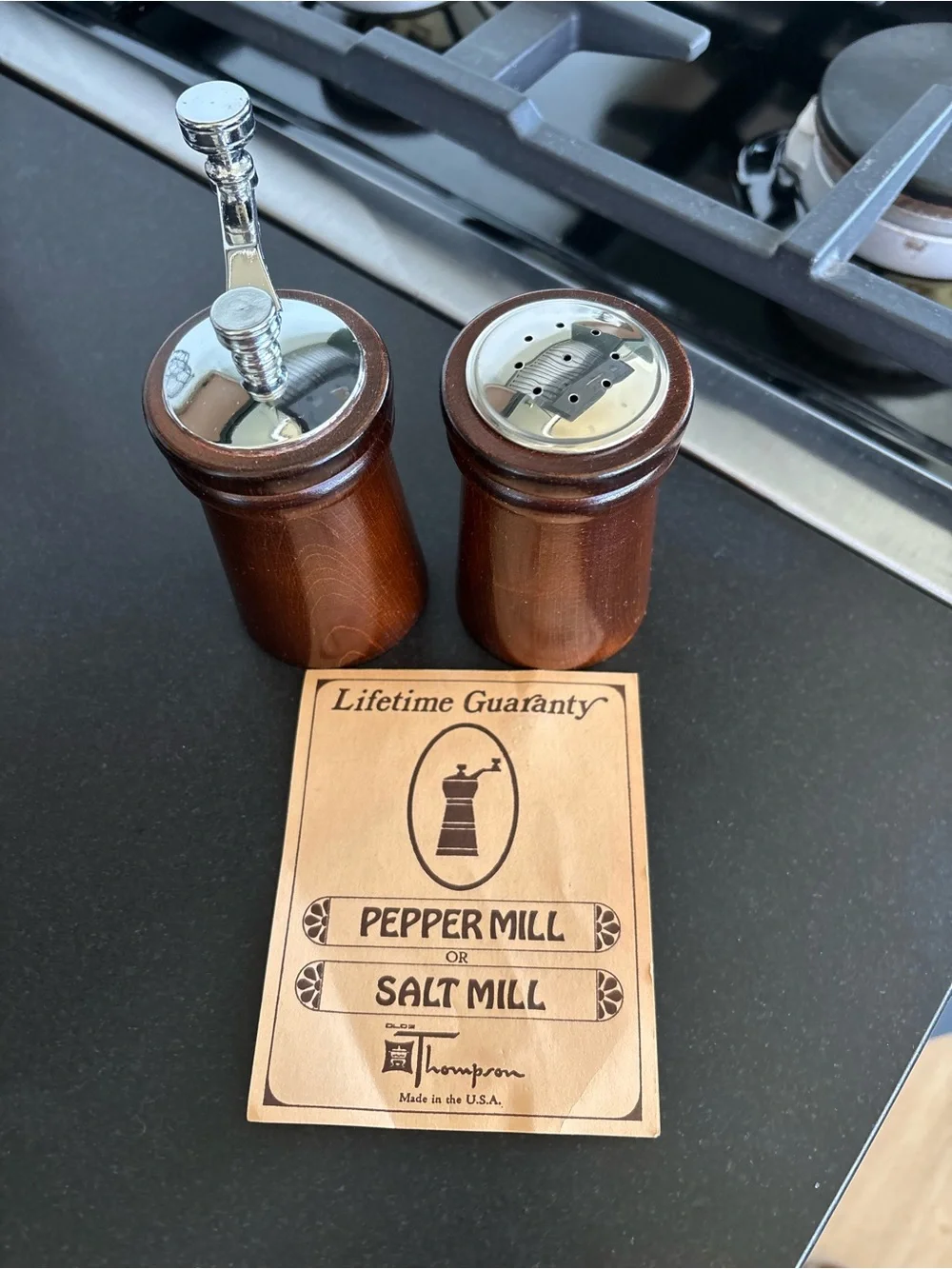 Vintage Wooden Salt And Pepper Mill Set, Bison Walnut Finish, “Olde Thompson”